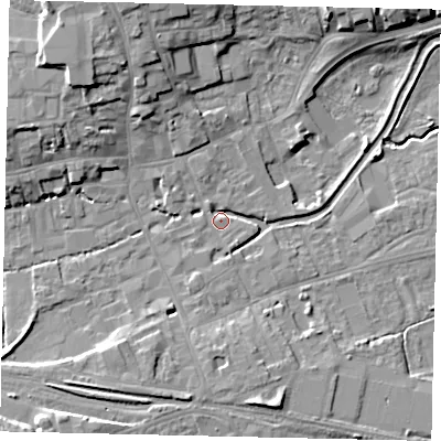 Shaded relief map of the ground around NG347TW, computed from Environment Agency LiDAR. The ground here sits at about 15 m above sea level and falls 12 m across the surrounding 800 m. Surface water reaching this point runs off ground lying to the north-north-west, 2.3 m higher.