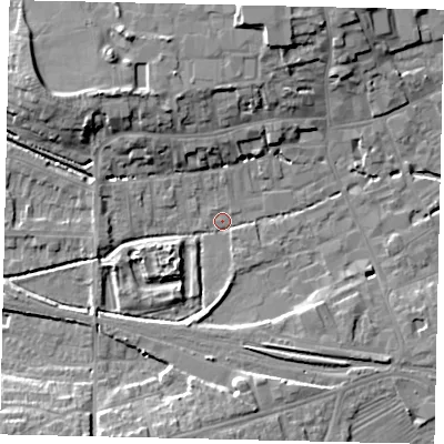 Shaded relief map of the ground around NG347TX, computed from Environment Agency LiDAR. The ground here sits at about 14 m above sea level and falls 10 m across the surrounding 800 m. Surface water reaching this point runs off ground lying to the north-west, 5.1 m higher.