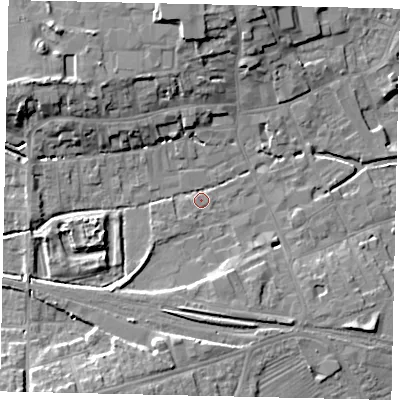 Shaded relief map of the ground around NG347UL, computed from Environment Agency LiDAR. The ground here sits at about 15 m above sea level and falls 10 m across the surrounding 800 m. Surface water reaching this point runs off ground lying to the west-north-west, 5.1 m higher.