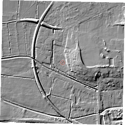 Shaded relief map of the ground around NG347WB, computed from Environment Agency LiDAR. The ground here sits at about 16 m above sea level and falls 9 m across the surrounding 800 m. Surface water reaching this point runs off ground lying to the east, 7.0 m higher.
