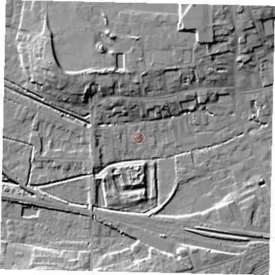 Shaded relief map of the ground around NG347XZ, computed from Environment Agency LiDAR. The ground here sits at about 15 m above sea level and falls 9 m across the surrounding 800 m. Surface water reaching this point runs off ground lying to the north-north-west, 5.1 m higher.