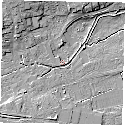 Shaded relief map of the ground around NG347YW, computed from Environment Agency LiDAR. The ground here sits at about 13 m above sea level and falls 12 m across the surrounding 800 m. Surface water reaching this point runs off ground lying to the west-north-west, 2.4 m higher.