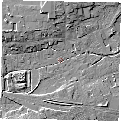 Shaded relief map of the ground around NG347ZL, computed from Environment Agency LiDAR. The ground here sits at about 15 m above sea level and falls 10 m across the surrounding 800 m. Surface water reaching this point runs off ground lying to the west-north-west, 5.1 m higher.