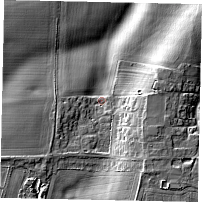 Shaded relief map of the ground around NG348FP, computed from Environment Agency LiDAR. The ground here sits at about 44 m above sea level and falls 16 m across the surrounding 800 m. Surface water reaching this point runs off ground lying to the south-south-east, 10.0 m higher.