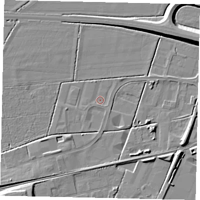 Shaded relief map of the ground around NG348GL, computed from Environment Agency LiDAR. The ground here sits at about 12 m above sea level and falls 11 m across the surrounding 800 m. Surface water reaching this point runs off ground lying to the west-south-west, 0.9 m higher.