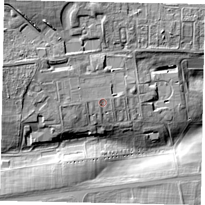 Shaded relief map of the ground around NG348HD, computed from Environment Agency LiDAR. The ground here sits at about 61 m above sea level and falls 13 m across the surrounding 800 m. Surface water reaching this point runs off ground lying to the north-west, 0.6 m higher.