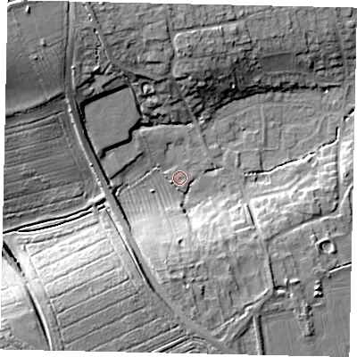 Shaded relief map of the ground around NG348HF, computed from Environment Agency LiDAR. The ground here sits at about 22 m above sea level and falls 18 m across the surrounding 800 m. Surface water reaching this point runs off ground lying to the south, 10.8 m higher.