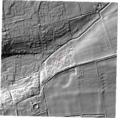 Shaded relief map of the ground around NG348JB, computed from Environment Agency LiDAR. The ground here sits at about 22 m above sea level and falls 12 m across the surrounding 800 m. Surface water reaching this point runs off ground lying to the south, 3.4 m higher.