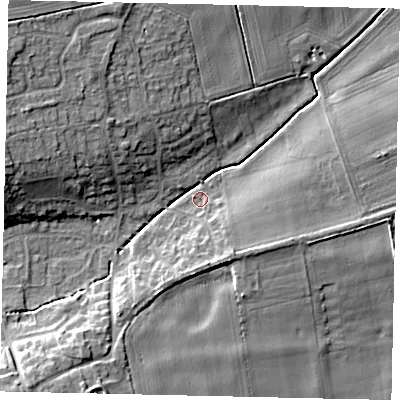 Shaded relief map of the ground around NG348JE, computed from Environment Agency LiDAR. The ground here sits at about 21 m above sea level and falls 12 m across the surrounding 800 m. Surface water reaching this point runs off ground lying to the north-west, 10.3 m higher.