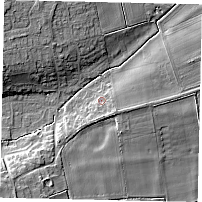 Shaded relief map of the ground around NG348JF, computed from Environment Agency LiDAR. The ground here sits at about 22 m above sea level and falls 12 m across the surrounding 800 m. Surface water reaching this point runs off ground lying to the south, 2.8 m higher.