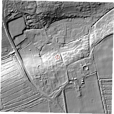 Shaded relief map of the ground around NG348JP, computed from Environment Agency LiDAR. The ground here sits at about 26 m above sea level and falls 17 m across the surrounding 800 m. Surface water reaching this point runs off ground lying to the south-west, 8.7 m higher.