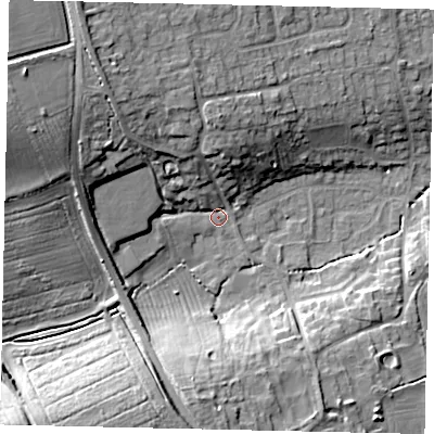 Shaded relief map of the ground around NG348JS, computed from Environment Agency LiDAR. The ground here sits at about 23 m above sea level and falls 18 m across the surrounding 800 m. Surface water reaching this point runs off ground lying to the north-west, 13.5 m higher.