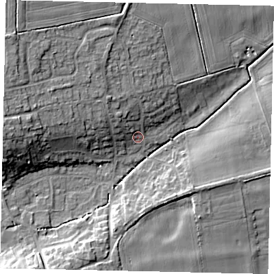 Shaded relief map of the ground around NG348LP, computed from Environment Agency LiDAR. The ground here sits at about 22 m above sea level and falls 13 m across the surrounding 800 m. Surface water reaching this point runs off ground lying to the north-west, 10.1 m higher.
