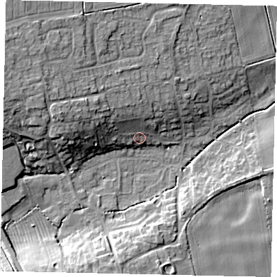 Shaded relief map of the ground around NG348LS, computed from Environment Agency LiDAR. The ground here sits at about 24 m above sea level and falls 15 m across the surrounding 800 m. Surface water reaching this point runs off ground lying to the north-west, 8.4 m higher.