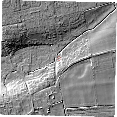 Shaded relief map of the ground around NG348LT, computed from Environment Agency LiDAR. The ground here sits at about 21 m above sea level and falls 14 m across the surrounding 800 m. Surface water reaching this point runs off ground lying to the south-south-west, 9.0 m higher.