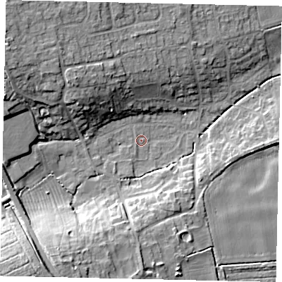 Shaded relief map of the ground around NG348LU, computed from Environment Agency LiDAR. The ground here sits at about 22 m above sea level and falls 16 m across the surrounding 800 m. Surface water reaching this point runs off ground lying to the west-north-west, 13.4 m higher.