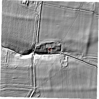 Shaded relief map of the ground around NG348NG, computed from Environment Agency LiDAR. The ground here sits at about 22 m above sea level and falls 11 m across the surrounding 800 m. Surface water reaching this point runs off ground lying to the north-west, 3.4 m higher.