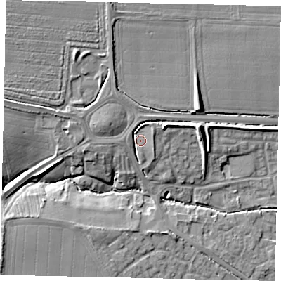 Shaded relief map of the ground around NG348NP, computed from Environment Agency LiDAR. The ground here sits at about 26 m above sea level and falls 13 m across the surrounding 800 m. Surface water reaching this point runs off ground lying to the west-north-west, 2.7 m higher.