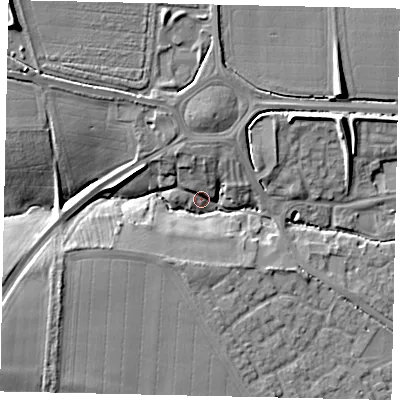 Shaded relief map of the ground around NG348NR, computed from Environment Agency LiDAR. The ground here sits at about 23 m above sea level and falls 16 m across the surrounding 800 m. Surface water reaching this point runs off ground lying to the north-west, 12.9 m higher.