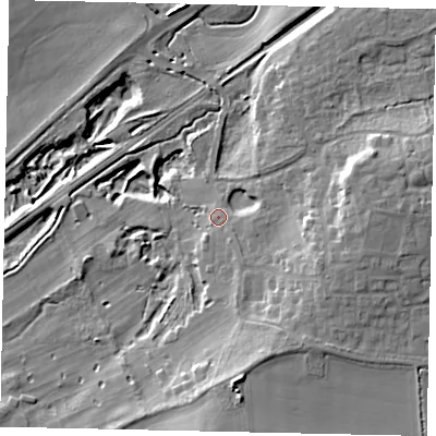 Shaded relief map of the ground around NG348PL, computed from Environment Agency LiDAR. The ground here sits at about 23 m above sea level and falls 17 m across the surrounding 800 m. Surface water reaching this point runs off ground lying to the south-south-east, 8.3 m higher.
