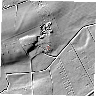 Shaded relief map of the ground around NG348QX, computed from Environment Agency LiDAR. The ground here sits at about 20 m above sea level and falls 14 m across the surrounding 800 m. Surface water reaching this point runs off ground lying to the north-west, 1.1 m higher.