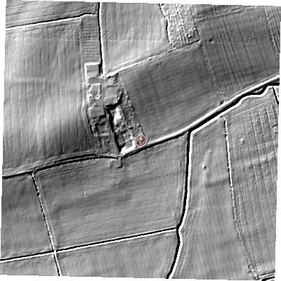 Shaded relief map of the ground around NG348SG, computed from Environment Agency LiDAR. The ground here sits at about 11 m above sea level and falls 9 m across the surrounding 800 m. Surface water reaching this point runs off ground lying to the west, 5.6 m higher.