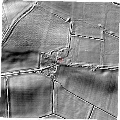 Shaded relief map of the ground around NG348SH, computed from Environment Agency LiDAR. The ground here sits at about 17 m above sea level and falls 10 m across the surrounding 800 m. Surface water reaching this point runs off ground lying to the north-north-east, 1.4 m higher.