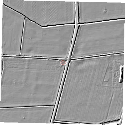 Shaded relief map of the ground around NG348SJ, computed from Environment Agency LiDAR. The ground here sits at about 10 m above sea level and falls 7 m across the surrounding 800 m. Surface water reaching this point runs off ground lying to the west, 2.3 m higher.