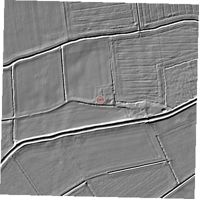 Shaded relief map of the ground around NG348SL, computed from Environment Agency LiDAR. The ground here sits at about 7 m above sea level and falls 4 m across the surrounding 800 m. Surface water reaching this point runs off ground lying to the south-west, 2.4 m higher.