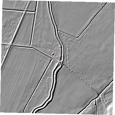 Shaded relief map of the ground around NG348SW, computed from Environment Agency LiDAR. The ground here sits at about 10 m above sea level and falls 6 m across the surrounding 800 m. Surface water reaching this point runs off ground lying to the south, 2.8 m higher.