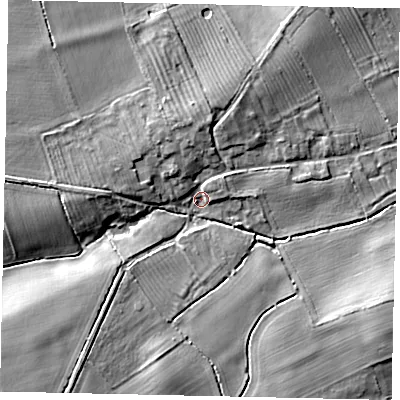 Shaded relief map of the ground around NG348TG, computed from Environment Agency LiDAR. The ground here sits at about 22 m above sea level and falls 13 m across the surrounding 800 m. Surface water reaching this point runs off ground lying to the south-west, 11.2 m higher.