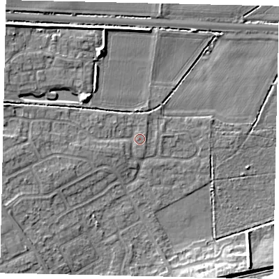 Shaded relief map of the ground around NG348UG, computed from Environment Agency LiDAR. The ground here sits at about 16 m above sea level and falls 10 m across the surrounding 800 m. Surface water reaching this point runs off ground lying to the west-north-west, 5.1 m higher.