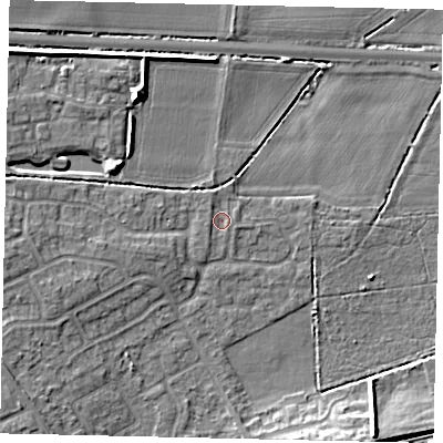 Shaded relief map of the ground around NG348UQ, computed from Environment Agency LiDAR. The ground here sits at about 16 m above sea level and falls 10 m across the surrounding 800 m. Surface water reaching this point runs off ground lying to the north-west, 0.8 m higher.
