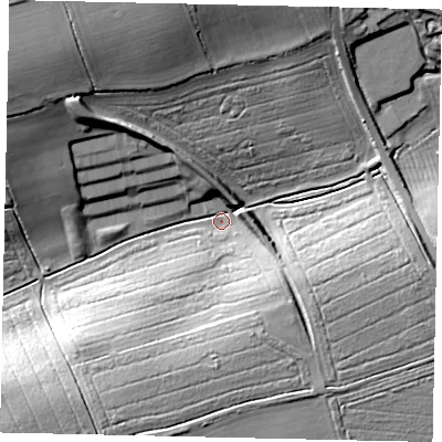 Shaded relief map of the ground around NG348XY, computed from Environment Agency LiDAR. The ground here sits at about 24 m above sea level and falls 22 m across the surrounding 800 m. Surface water reaching this point runs off ground lying to the north-west, 21.9 m higher.