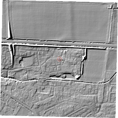 Shaded relief map of the ground around NG348YJ, computed from Environment Agency LiDAR. The ground here sits at about 19 m above sea level and falls 15 m across the surrounding 800 m. Surface water reaching this point runs off ground lying to the west, 1.0 m higher.