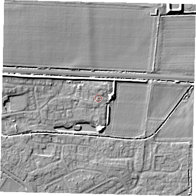 Shaded relief map of the ground around NG348YU, computed from Environment Agency LiDAR. The ground here sits at about 19 m above sea level and falls 11 m across the surrounding 800 m. Surface water reaching this point runs off ground lying to the west-north-west, 7.3 m higher.