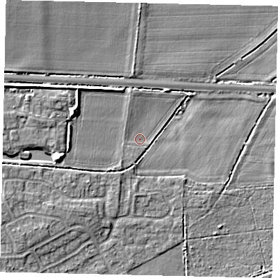 Shaded relief map of the ground around NG348YZ, computed from Environment Agency LiDAR. The ground here sits at about 15 m above sea level and falls 10 m across the surrounding 800 m. Surface water reaching this point runs off ground lying to the west-north-west, 7.1 m higher.