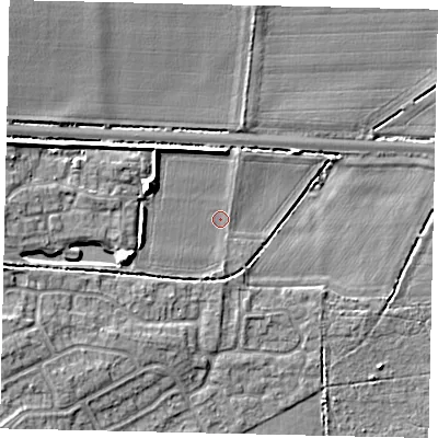 Shaded relief map of the ground around NG348ZD, computed from Environment Agency LiDAR. The ground here sits at about 16 m above sea level and falls 10 m across the surrounding 800 m. Surface water reaching this point runs off ground lying to the west-north-west, 6.3 m higher.