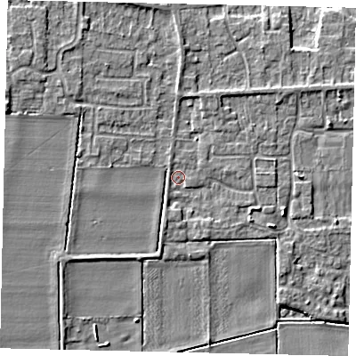 Shaded relief map of the ground around NG349AG, computed from Environment Agency LiDAR. The ground here sits at about 13 m above sea level and falls 6 m across the surrounding 800 m. Surface water reaching this point runs off ground lying to the north-west, 3.6 m higher.