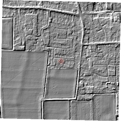 Shaded relief map of the ground around NG349AJ, computed from Environment Agency LiDAR. The ground here sits at about 14 m above sea level and falls 6 m across the surrounding 800 m. Surface water reaching this point runs off ground lying to the north-west, 1.6 m higher.