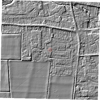 Shaded relief map of the ground around NG349AL, computed from Environment Agency LiDAR. The ground here sits at about 15 m above sea level and falls 6 m across the surrounding 800 m. Surface water reaching this point runs off ground lying to the west-north-west, 1.5 m higher.