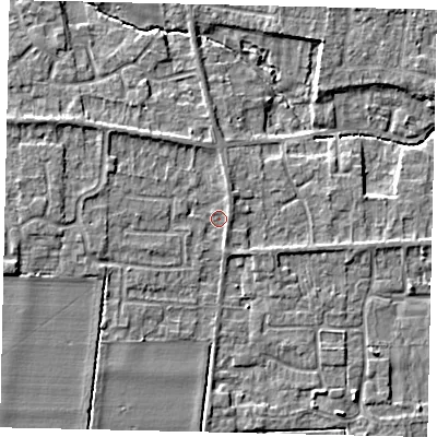 Shaded relief map of the ground around NG349AN, computed from Environment Agency LiDAR. The ground here sits at about 14 m above sea level and falls 6 m across the surrounding 800 m. Surface water reaching this point runs off ground lying to the north-west, 2.4 m higher.