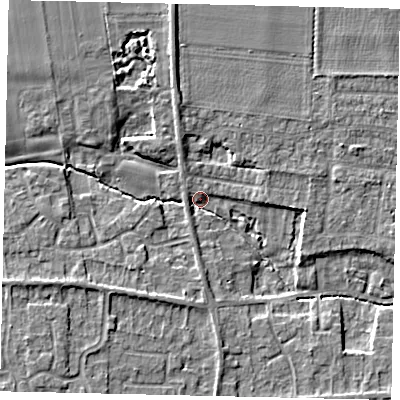 Shaded relief map of the ground around NG349AP, computed from Environment Agency LiDAR. The ground here sits at about 13 m above sea level and falls 6 m across the surrounding 800 m. Surface water reaching this point runs off ground lying to the west-south-west, 4.6 m higher.