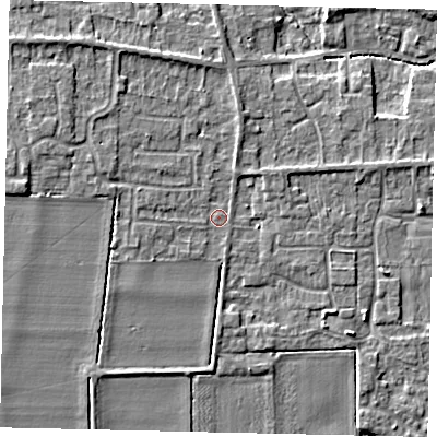 Shaded relief map of the ground around NG349AQ, computed from Environment Agency LiDAR. The ground here sits at about 14 m above sea level and falls 6 m across the surrounding 800 m. Surface water reaching this point runs off ground lying to the north-west, 4.0 m higher.
