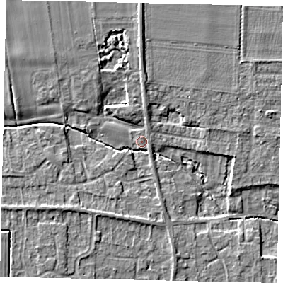 Shaded relief map of the ground around NG349AR, computed from Environment Agency LiDAR. The ground here sits at about 14 m above sea level and falls 6 m across the surrounding 800 m. Surface water reaching this point runs off ground lying to the south-west, 4.4 m higher.