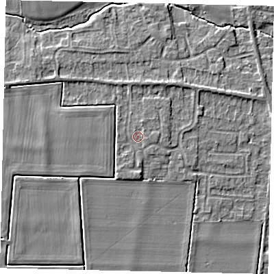 Shaded relief map of the ground around NG349AU, computed from Environment Agency LiDAR. The ground here sits at about 16 m above sea level and falls 6 m across the surrounding 800 m. Surface water reaching this point runs off ground lying to the south, 1.0 m higher.