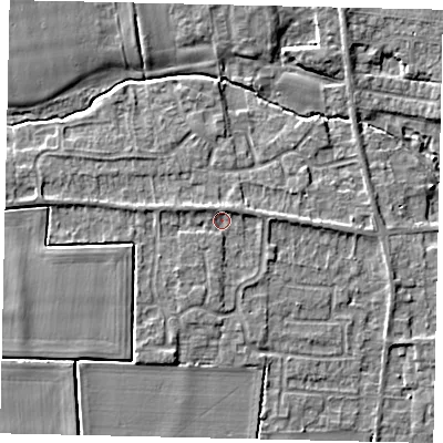 Shaded relief map of the ground around NG349AX, computed from Environment Agency LiDAR. The ground here sits at about 15 m above sea level and falls 6 m across the surrounding 800 m. Surface water reaching this point runs off ground lying to the west-north-west, 1.4 m higher.