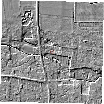 Shaded relief map of the ground around NG349DB, computed from Environment Agency LiDAR. The ground here sits at about 13 m above sea level and falls 6 m across the surrounding 800 m. Surface water reaching this point runs off ground lying to the north-north-west, 3.3 m higher.