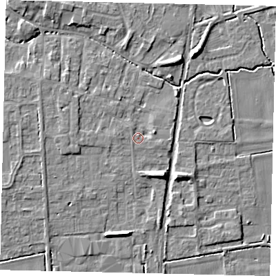 Shaded relief map of the ground around NG349DF, computed from Environment Agency LiDAR. The ground here sits at about 11 m above sea level and falls 7 m across the surrounding 800 m. Surface water reaching this point runs off ground lying to the east-north-east, 1.6 m higher.