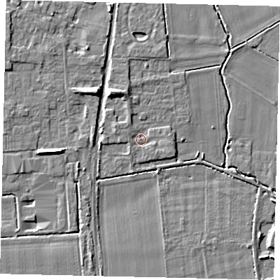 Shaded relief map of the ground around NG349DJ, computed from Environment Agency LiDAR. The ground here sits at about 10 m above sea level and falls 9 m across the surrounding 800 m. Surface water reaching this point runs off ground lying to the west-north-west, 1.6 m higher.